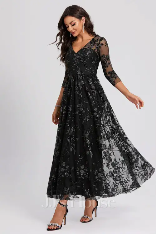 A-line V-Neck Ankle-Length Lace Sequin Cocktail Dress