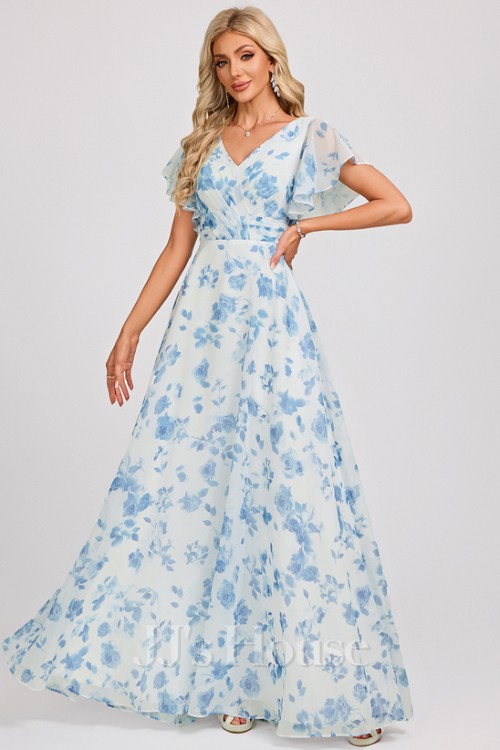 A-line V-Neck Floor-Length Chiffon Bridesmaid Dress With Ruffle