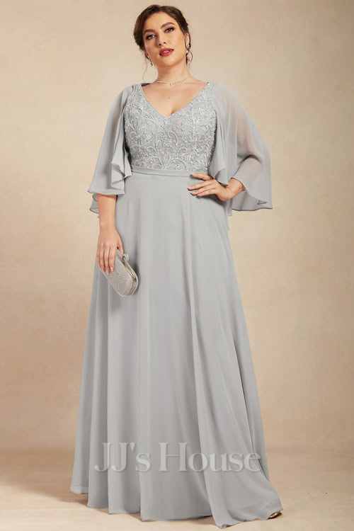 A-line V-Neck Floor-Length Chiffon Lace Mother of the Bride Dress With Sequins Beading