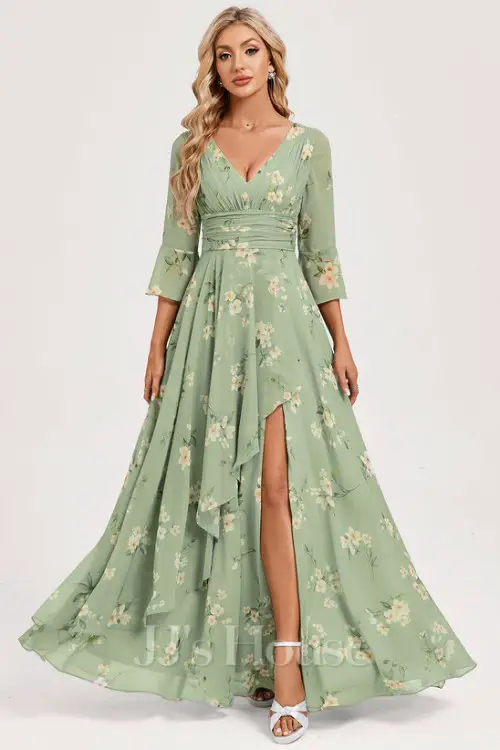 A-line V-Neck Floor-Length Chiffon Mother of the Bride Dress With Cascading Ruffles