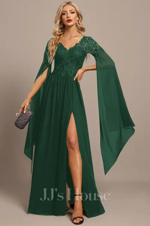 A-line V-Neck Floor-Length Lace Chiffon Evening Dress