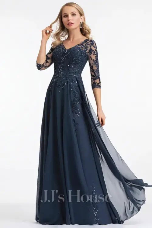 A-line V-Neck Floor-Length Lace Chiffon Mother of the Bride Dress With Sequins
