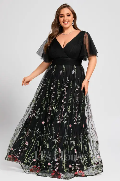 A-line V-Neck Floor-Length Tulle Floral Lace Evening Dress With Pleated
