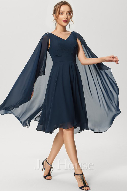 A-line V-Neck Knee-Length Chiffon Cocktail Dress With Beading Cape