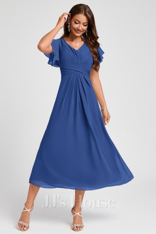 A-line V-Neck Tea-Length Chiffon Cocktail Dress With Ruffle