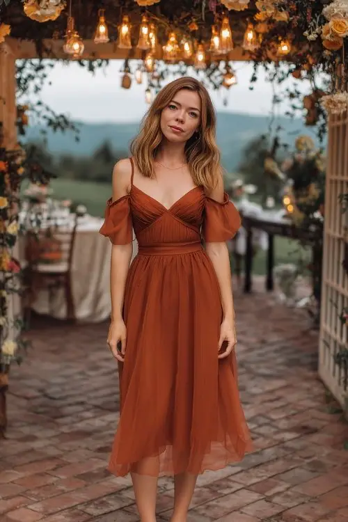 A petite woman in a rust chiffon tea-length dress with sheer flutter sleeves and a smocked waist (2)