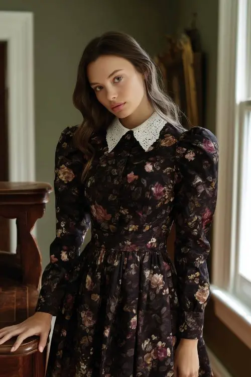A petite woman wears a dark floral tapestry-print A-line dress with a fitted bodice, structured sleeves
