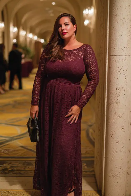 A plus-size woman over 30 wears a wine-colored lace maxi dress with long sleeves and a defined waistline, paired with elegant heels