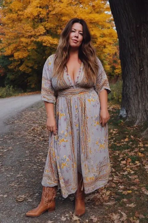 A plus-size woman over 35 wears a flowy boho maxi dress with embroidered cowboy boots