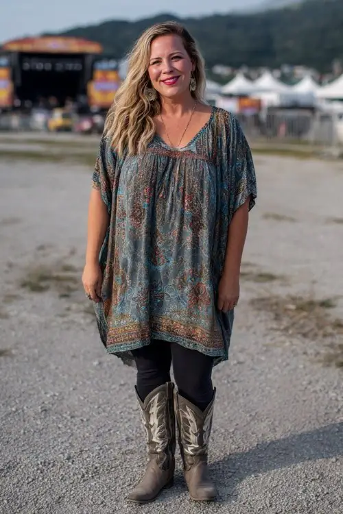A plus-size woman over 40 wears a flowy tunic with leggings and embellished cowboy boots