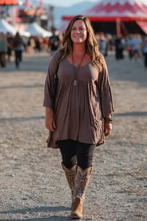 A plus-size woman over 40 wears a flowy tunic with leggings and embellished cowboy boots
