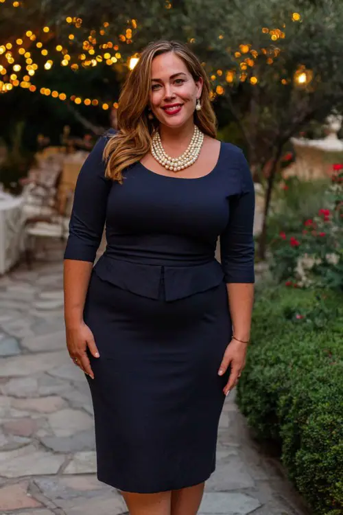 A plus-size woman over 40 wears a structured navy midi dress with three-quarter sleeves, paired with classic pumps and a pearl necklace
