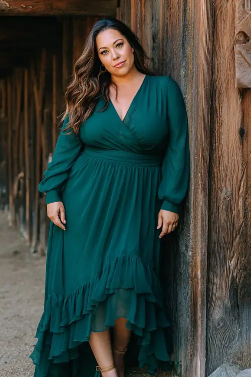 A plus-size woman over 40 wears an emerald green chiffon maxi dress with layered movement and long sleeves