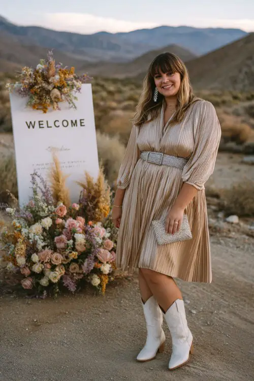 A plus size woman wearing a champagne pleated midi dress with a metallic belt, white cowboy boots