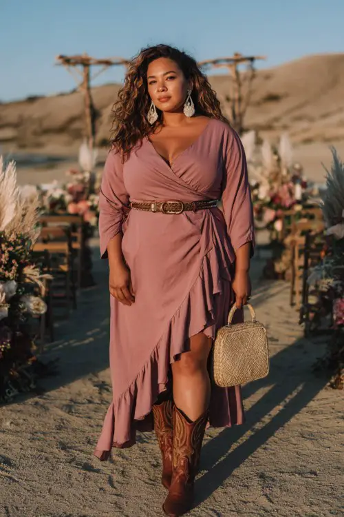 A plus size woman wearing a dusty rose wrap dress with ruffle hem and statement belt, brown leather cowboy boots