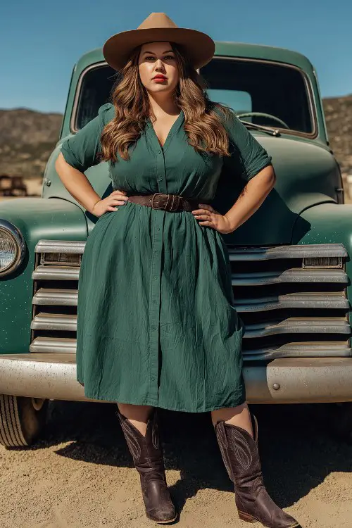 A plus-size woman wears a belted green dress with dark tall cowboy boots and a felt hat