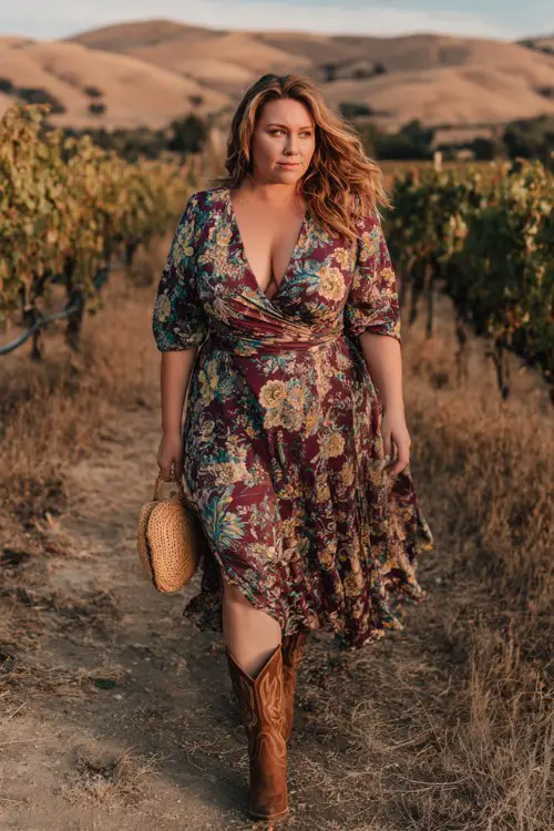 A plus-size woman wears a bold floral wrap maxi dress with a deep neckline and soft movement, paired with suede cowboy boots