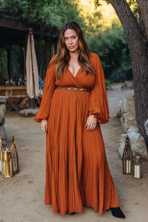 A plus-size woman wears a burnt orange pleated maxi dress with dramatic sleeves and pointed-toe black knee high boots, styled with a wide belt and delicate rings in an outdoor wedding venue