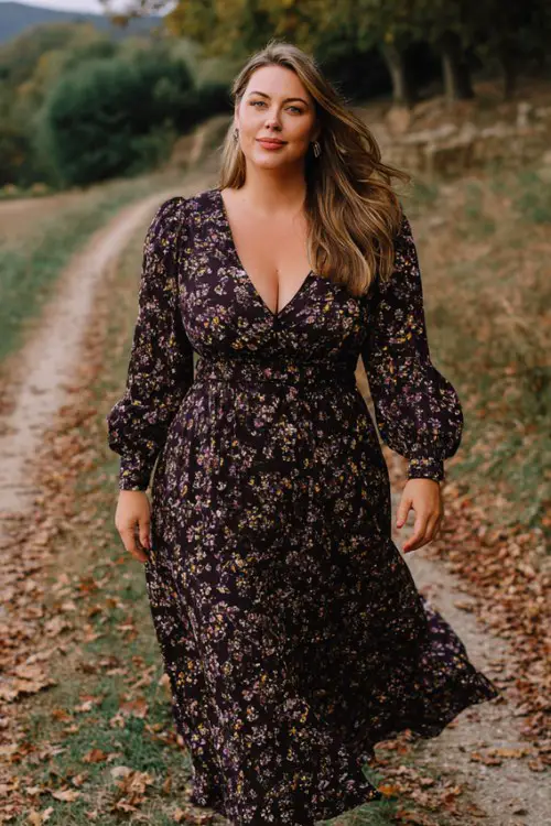 A plus-size woman wears a dark floral chiffon dress with long puff sleeves and a flowy skirt, paired with block heels
