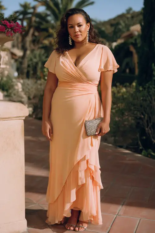 A plus-size woman wears a glowing apricot chiffon gown featuring flutter sleeves, a wrap V-neckline, and cascading tiered skirt panels, accessorized with pearl earrings and a satin clutch