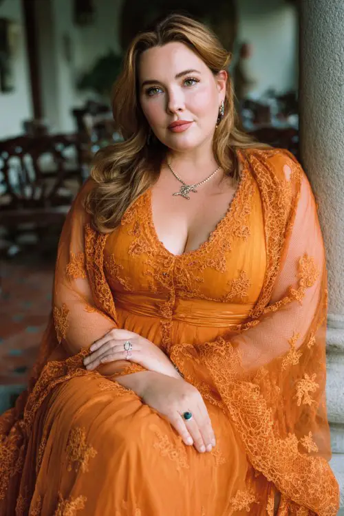 A plus-size woman wears a glowing pumpkin-orange lace gown with long sheer sleeves, floral embroidery, and a graceful flowing skirt with scalloped lace edges