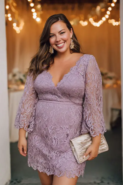 A plus-size woman wears a lavender lace short dress featuring delicate lace overlay, a modest V-neckline, and scalloped lace sleeves