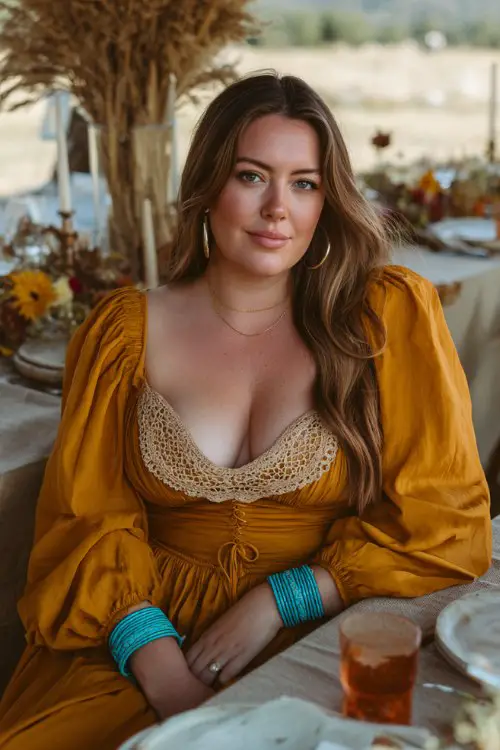 A plus-size woman wears a marigold chiffon midi with crochet yoke and balloon sleeves