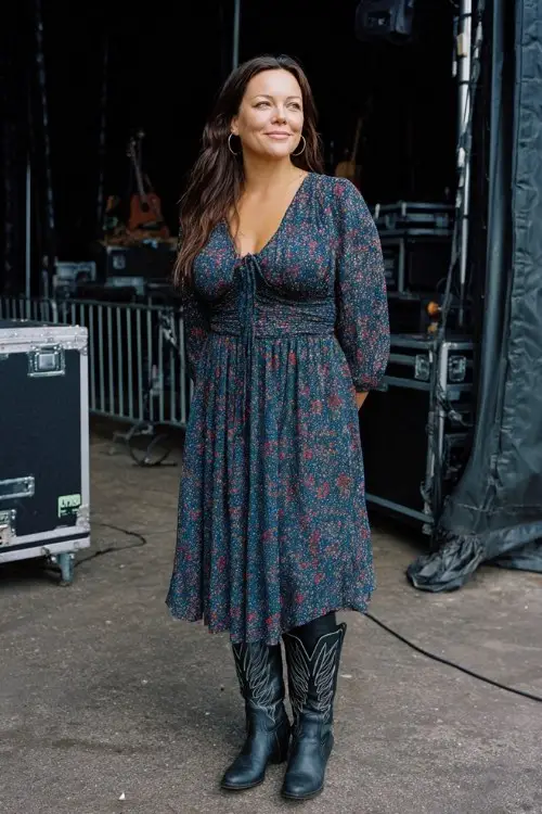A plus size woman wears a navy chiffon midi dress with long sleeves and tall black cowboy boots