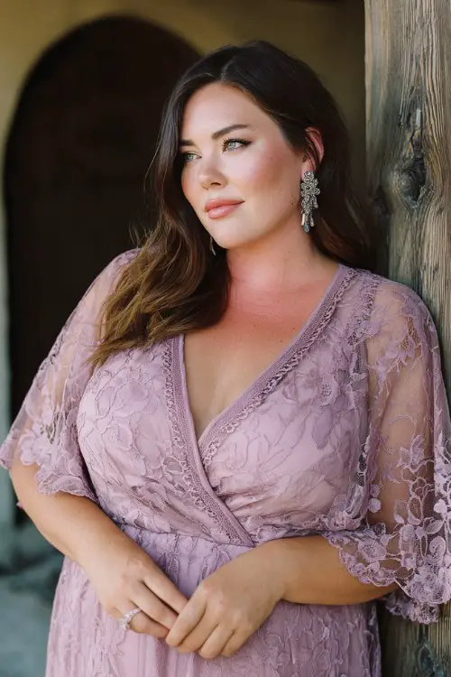 A plus-size woman wears a pale lavender lace wrap dress featuring floral lace embroidery, flutter sleeves