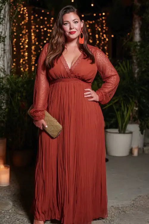 A plus-size woman wears a rust chiffon maxi dress featuring long sheer sleeves, lace trim details, and a flowing pleated skirt