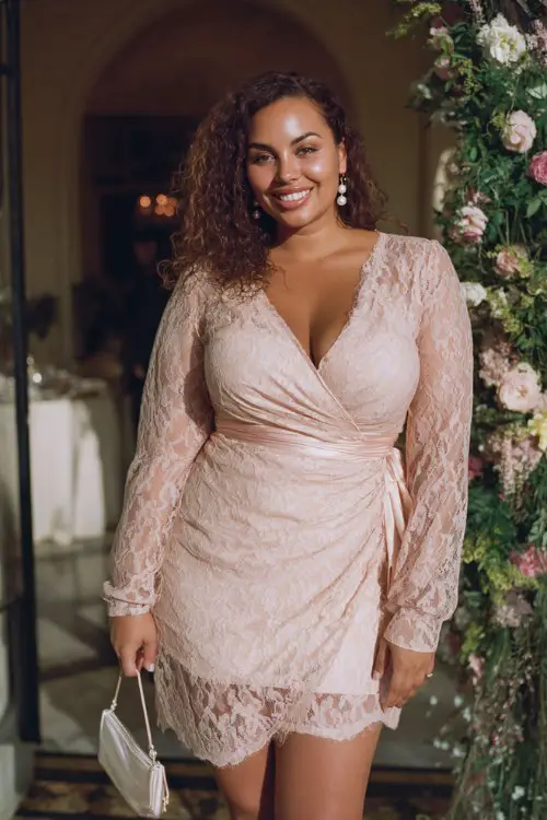 A plus-size woman wears a soft blush lace mini dress featuring a wrap-style neckline, sheer lace sleeves, and layered lace panels creating gentle texture