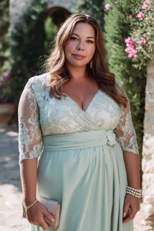 A plus-size woman wears a soft mint lace dress featuring embroidered lace panels, a wrap bodice, and a breezy flowing skirt