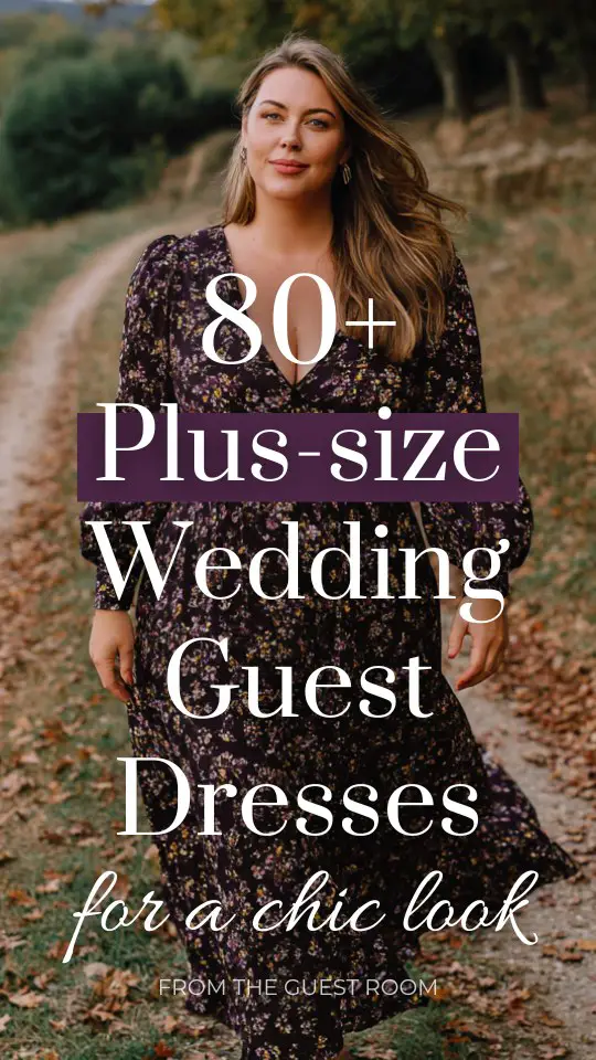 A plus-size woman wears a wedding guest dress with long puff sleeves and a flowy skirt, paired with block heels