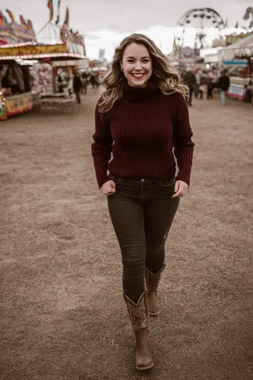 A plus size woman wears dark skinny jeans with distressed brown cowboy boots, paired with a maroon turtleneck sweater