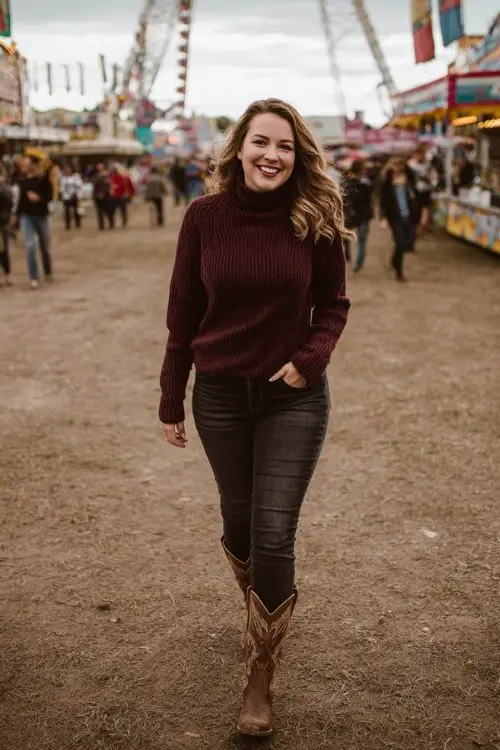 A plus size woman wears dark skinny jeans with distressed brown cowboy boots