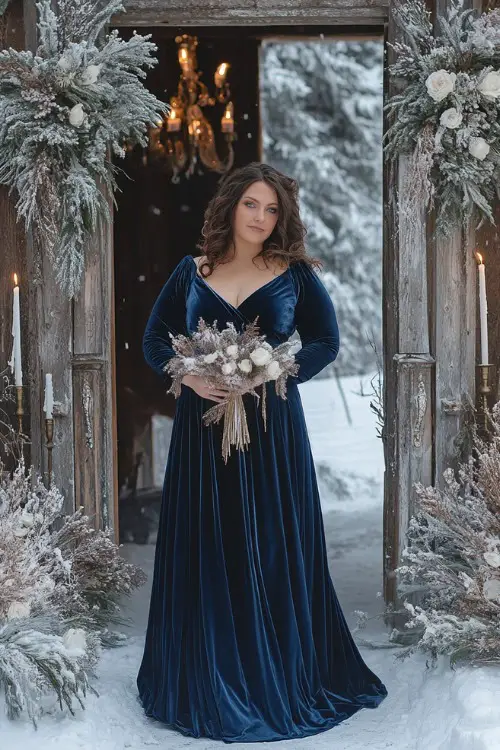 A plus-size woman wears deep blue long velvet dress for winter country wedding