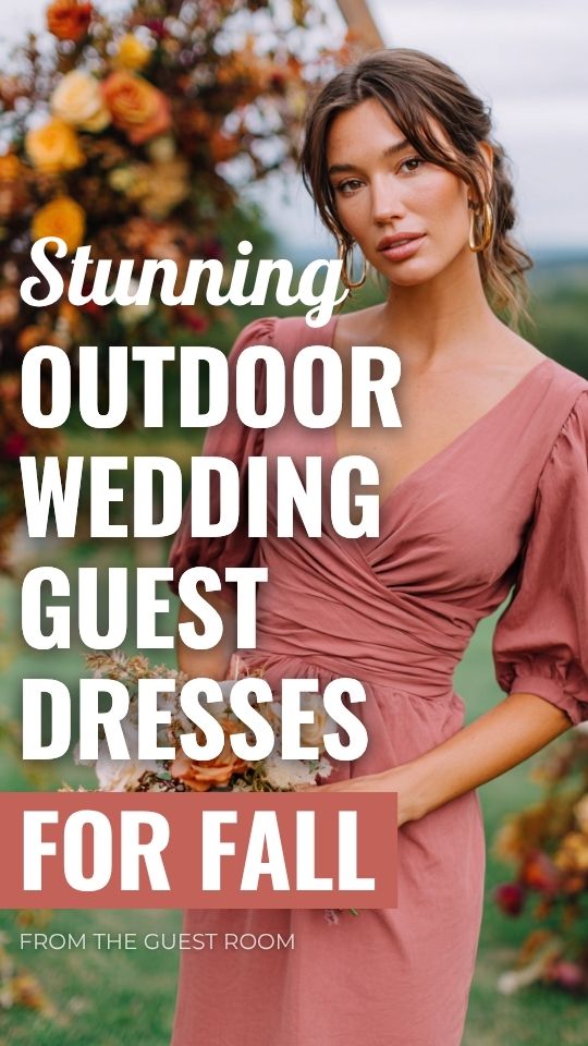 A relaxed dusty rose midi dress with ruched waist, woman holding a small bouquet, outdoor wedding arch