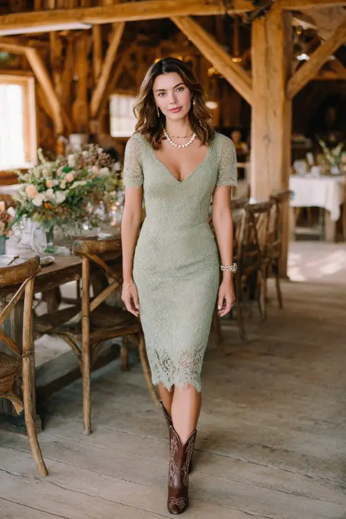 A stylish woman wearing a fitted lace midi guest dress in sage green with delicate embroidery and sheer short sleeves