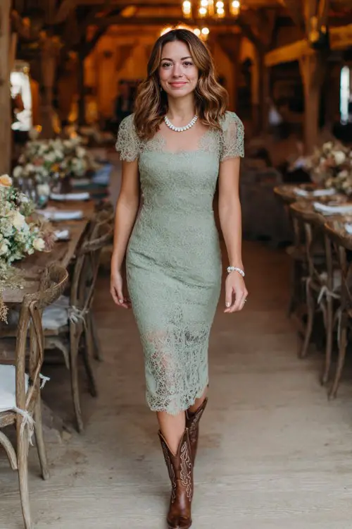 A stylish woman wearing a fitted lace midi guest dress in sage green