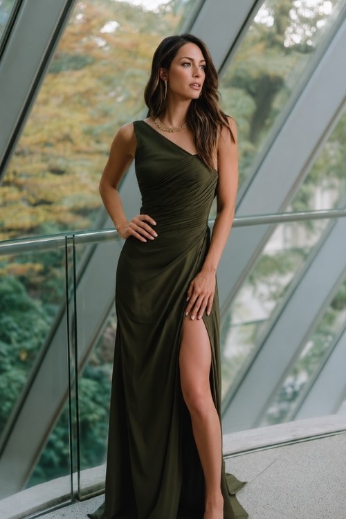 A woman in a deep olive green one-shoulder crepe gown with a high slit and gold jewelry