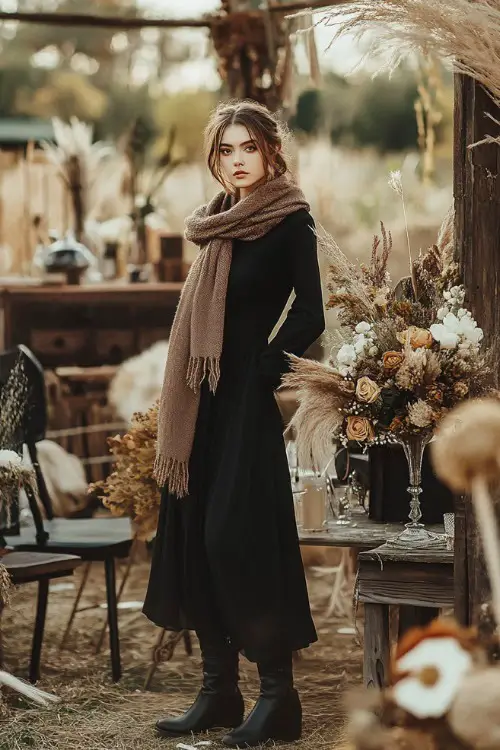 A woman in a fitted black dress with a thick wool scarf and lace-up boots, posing by a vintage outdoor wedding setup with rustic decor
