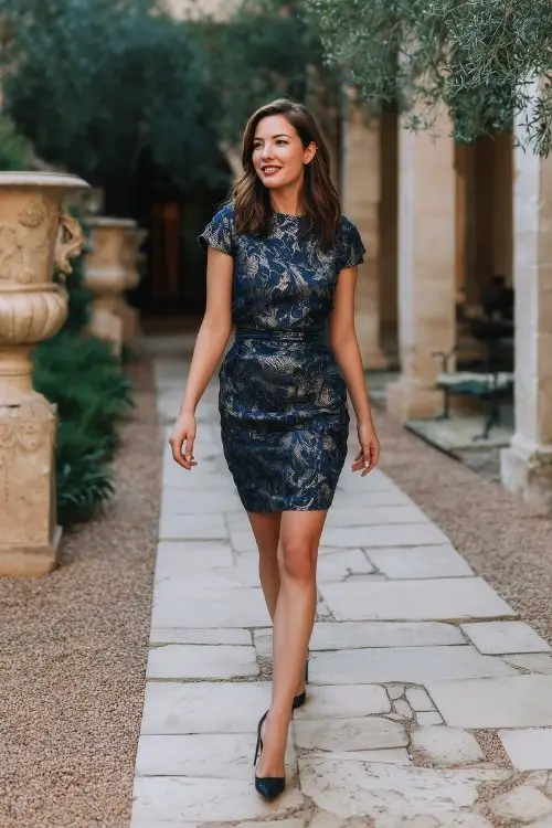 A woman in a navy brocade mini dress with metallic thread detailing and classic heels