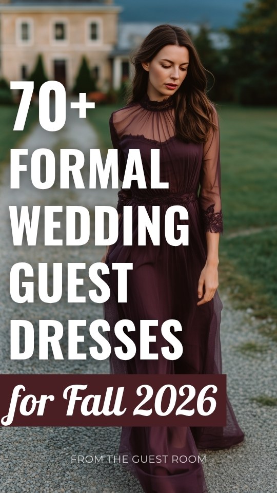 A woman in a plum formal fall wedding guest dress with a sheer high neckline, mesh sleeves, and delicate lace trim