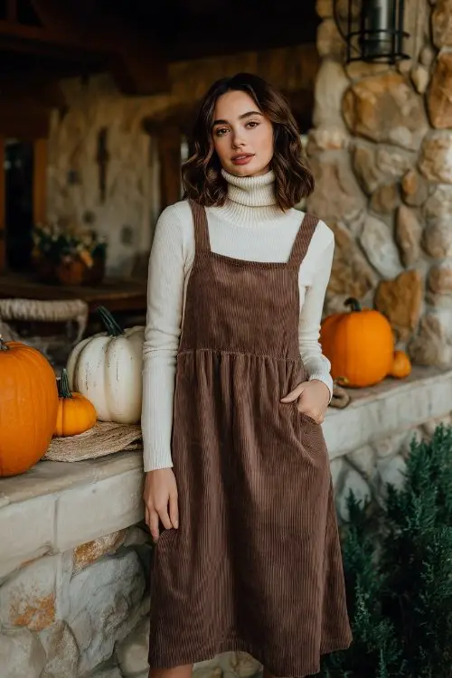 A woman over 30 in a chocolate corduroy pinafore dress layered over a cream turtleneck