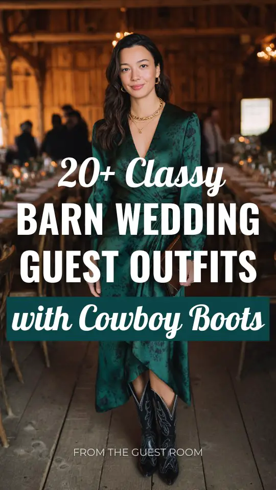 A woman over 30 wears a barn wedding guest dress outfit with cowboy boots and a sleek clutch