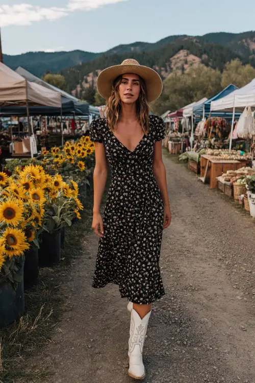 A woman over 30 wears a black floral midi dress with white embroidered cowboy boots and a straw hat