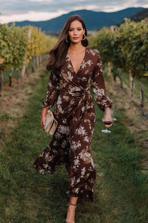 A woman over 30 wears a chocolate brown floral maxi dress with a wrap design and long sleeves, styled with pointed-toe heels and a chic clutch