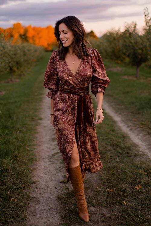 A woman over 30 wears a cinnamon floral wrap dress with dramatic balloon sleeves and velvet ribbon trim, styled with heeled knee-high boots