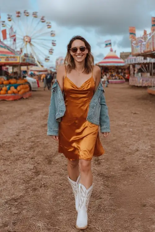 A woman over 30 wears a copper satin slip dress with a denim jacket and white cowboy boots