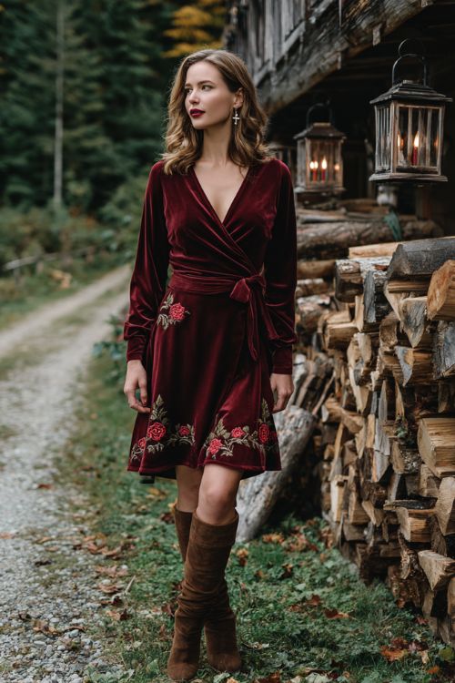 A woman over 30 wears a deep wine velvet wrap dress with embroidered roses along the hem, paired with tall suede boots